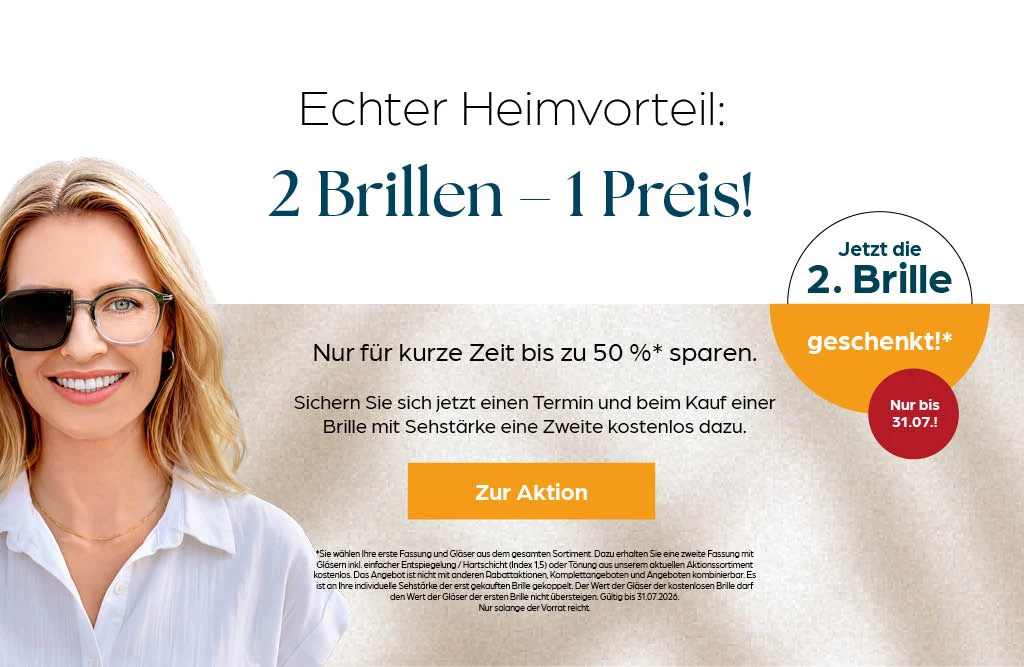 Aktion 2 Brillen - 1 Preis - Eine Frau trägt eine Brille, über das rechte Auge halt sie den linken Teil einer Sonnenbrille